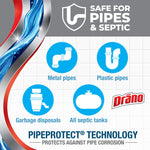 Graphic panel showing icons for metal pipes, plastic pipes, garbage disposals and septic tanks with Drano logo