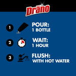 Instruction panel with three steps: pour one bottle, wait one hour, then flush with hot water, topped by the Drāno logo.