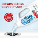 Drano Balance bottle tilted pouring blue liquid into a drain with text ‘Clears clogs in under 1 hour’ and a guarantee badge.
