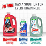 Three Drano products displayed on tiled background: Max Gel red bottle, blue bottle, and green Flowguard jug