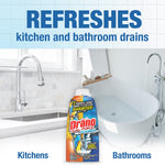 Drano Dual-Force Foamer bottle placed between kitchen sink and bathtub images with headline refreshes kitchen and bathroom drains