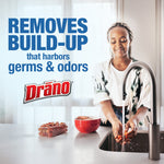 Lifestyle image of person at a kitchen sink with overlay text stating removes build-up that harbors germs & odors and Drano logo