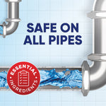 Graphic of exposed pipes with flowing blue water and bold text ‘SAFE ON ALL PIPES’ plus an ‘Essential Ingredients’ badge.