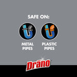 Gray infographic panel showing icons for metal and plastic pipes with text 'Safe on: Metal Pipes Plastic Pipes' and Drano logo