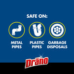 Blue panel with three icons labeled 'Metal Pipes', 'Plastic Pipes', 'Garbage Disposals' and the Drāno logo at the bottom.