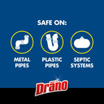 Blue graphic showing icons for metal pipes, plastic pipes and septic systems with 'Safe on:' and Drāno logo