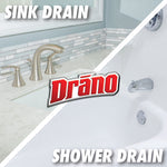 Split lifestyle-style graphic showing a sink on one side and a bathtub on the other with the Drāno logo and labels “Sink Drain” and “Shower Drain”