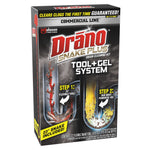 Angled three-quarter view of the Drāno Snake Plus retail box showing front artwork, branding and a callout that a 23" snake is included