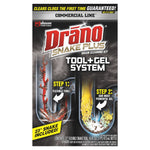 Front-facing product box for Drāno Snake Plus tool+gel system showing U-pipe illustrations and product branding