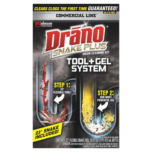 Front-facing product box for Drāno Snake Plus tool+gel system showing U-pipe illustrations and product branding