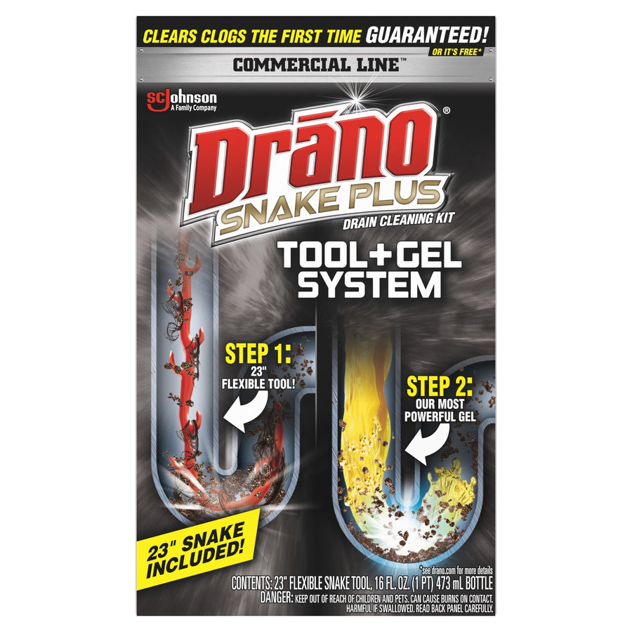 Front-facing product box for Drāno Snake Plus tool+gel system showing U-pipe illustrations and product branding