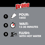 Instructional graphic with Drano logo and three-step icons showing pour 16oz, wait 15-30 minutes, then flush with hot water