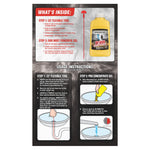 Back panel usage instructions titled “What’s Inside” showing a yellow Drāno bottle illustration and step-by-step diagrams for tool and gel use