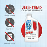 Infographic showing a Drano Balance bottle and icons with red slashes indicating use instead of a drain snake, plunger, or baking soda.