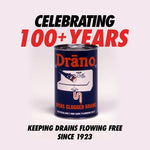 Vintage-style image of an old Drāno can with headline 'Celebrating 100+ Years' and tagline 'Keeping drains flowing free since 1923'