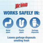 Graphic panel showing Drano logo and icons for metal pipes, plastic pipes and garbage disposals with safety claim