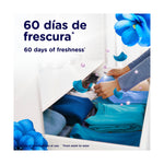 Open drawer of folded blue clothing with floating perfume beads and text '60 days of freshness' in Spanish and English