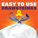 Close-up of a tied blue drawstring on a textured white trash bag with 'Easy to Use Drawstrings' headline