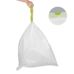 White drawstring trash bag held by green ties with an inset close-up of the sealed drawstring closure