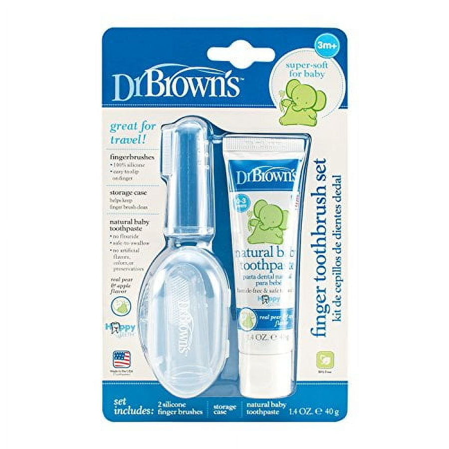 Blister-packaged Dr. Brown's finger toothbrush set with clear silicone finger brush and pear-apple baby toothpaste visible