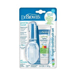 Dr. Brown's retail blister pack showing a clear silicone finger toothbrush and a tube of natural baby toothpaste on blue backing