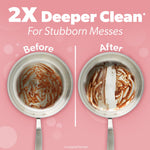 Side-by-side before and after frying pans on a pink background showing cleaning results beneath the headline '2X Deeper Clean'.