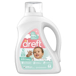 Tall white Dreft laundry detergent bottle showing label with baby image, pink accent and measuring cap