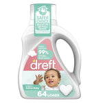 White Dreft Active Baby detergent bottle with baby photo, Safer Choice label and '64 loads' on front