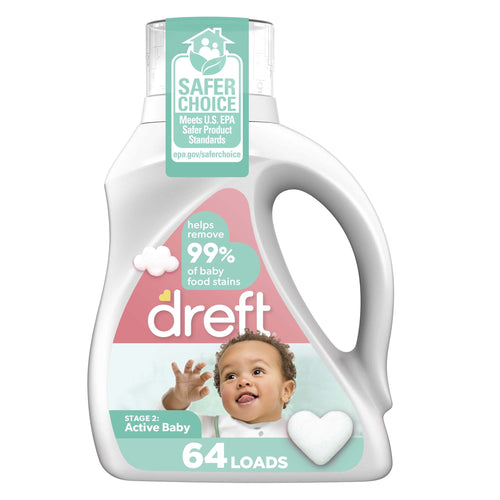 White Dreft Active Baby detergent bottle with baby photo, Safer Choice label and '64 loads' on front