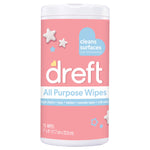 Isolated product shot of a pink Dreft All Purpose Wipes tub on a white background showing brand and '70 wipes' text