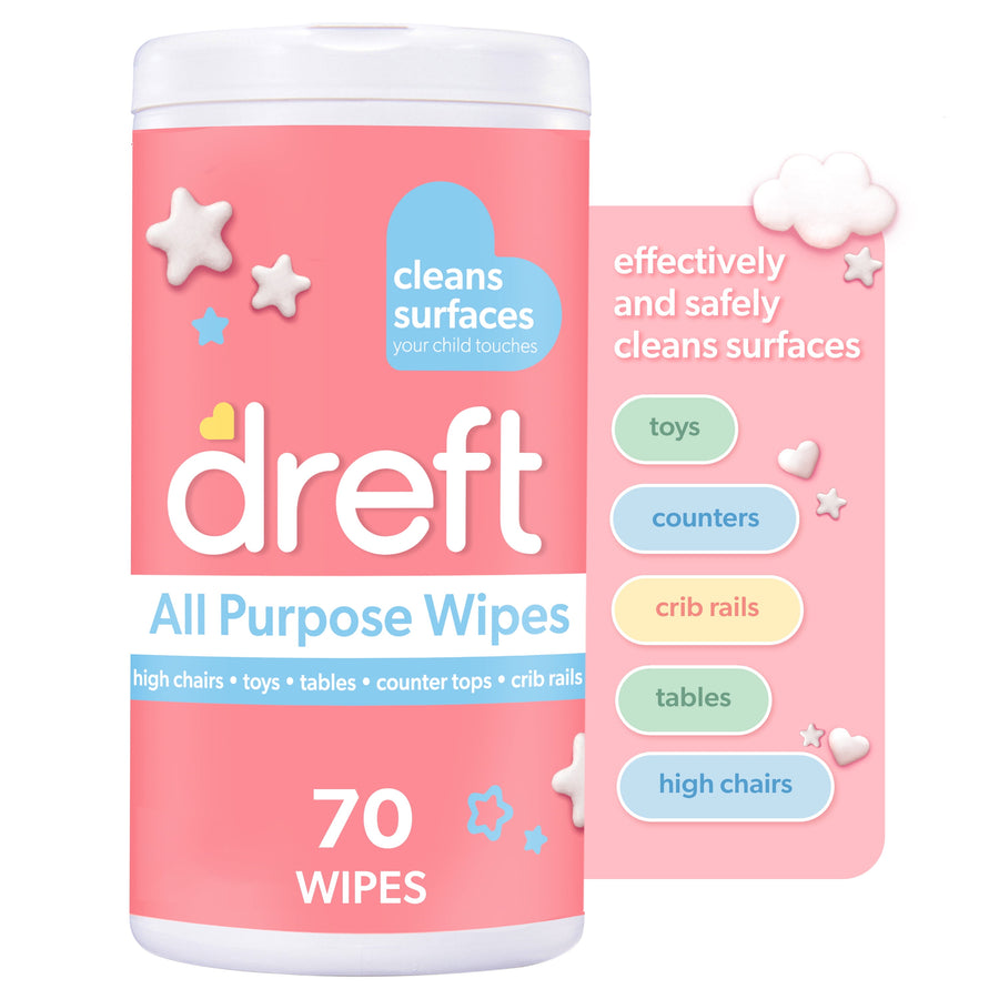 Pink Dreft All Purpose Wipes tub with label stating 'cleans surfaces' and '70 wipes' on white background