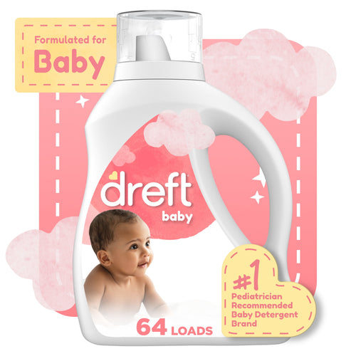Front-style illustration of a Dreft baby detergent bottle with baby photo and pink background