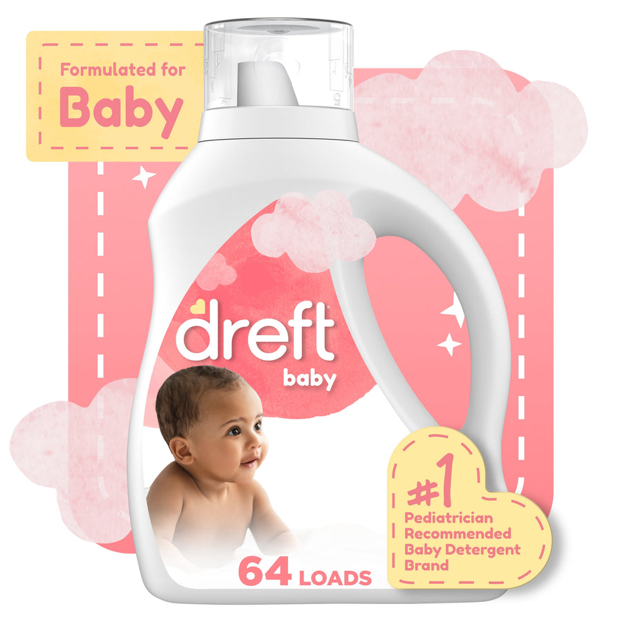 Front-style illustration of a Dreft baby detergent bottle with baby photo and pink background