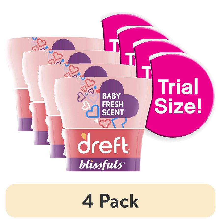 Four trial-size Dreft Blissfuls in-wash scent booster cups with 'Baby Fresh Scent' label and a 'Trial Size!' badge