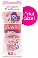 Single Dreft Blissfuls pink bottle showing 'Baby Fresh Scent', 'In-Wash Scent Booster' text and a 'Trial Size!' badge