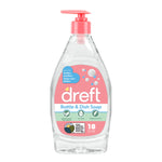 Clear pump bottle of Dreft Bottle & Dish Soap with pink label and pump, front product view on white background.