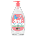 Clear Dreft Bottle & Dish Soap with pink label and pump, front-centered on white background showing icons and USDA badge.