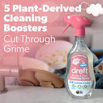 Dreft spray bottle in foreground with a soft-focus sink of dirty dishes and text highlighting five plant-derived cleaning boosters.
