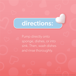 Pink directions graphic for Dreft with white text instructing to pump onto sponge, dishes, or into sink and rinse.