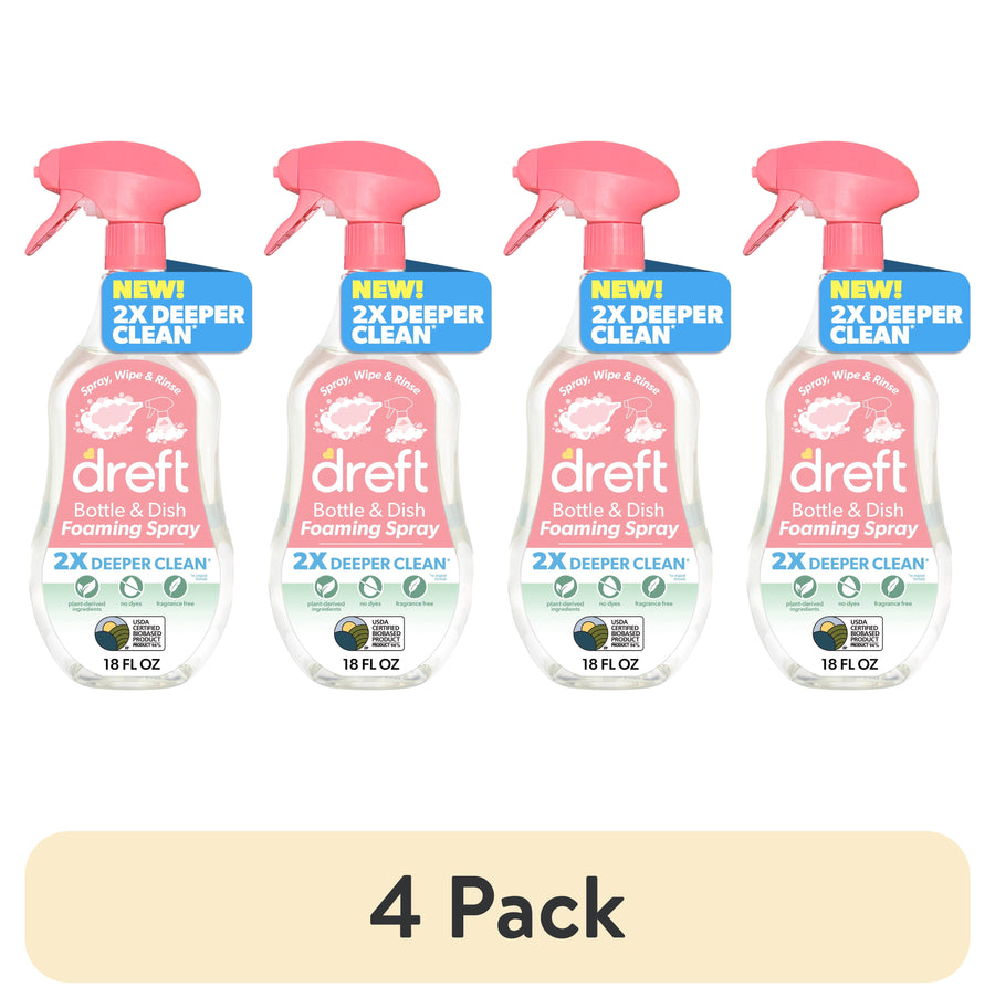 Four Dreft Bottle & Dish Foaming Spray bottles with pink triggers displayed in a row above a beige '4 Pack' label.