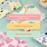 Stack of folded baby clothes and blankets with callout banners listing cleaning, gentle-skin, and odor-removal benefits.