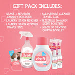 Pink infographic showing 'Gift Pack Includes' with photos of Dreft Stage 1 detergent, stain remover, cleaners and scent boosters.