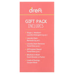 Pink narrow side panel of Dreft gift pack listing 'Gift Pack Includes' with items and sizes in white text.