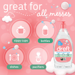 Pink infographic with Dreft Bottle & Dish Soap and icons for sippy cups, bottles, dishes and pacifiers.