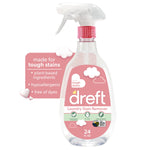 Clear spray bottle of Dreft Laundry Stain Remover with pink label and callout badges on white background