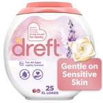 Close-up of a round Dreft laundry pacs container with lavender artwork and ‘Gentle on Sensitive Skin’ callout