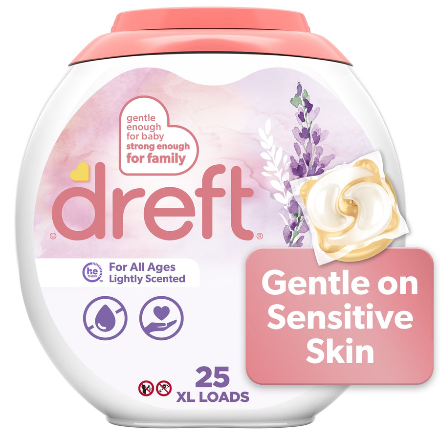 Close-up of a round Dreft laundry pacs container with lavender artwork and ‘Gentle on Sensitive Skin’ callout