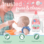 Promotional lifestyle image showing a mother feeding a baby with a Dreft Bottle & Dish Soap bottle graphic and benefit icons.