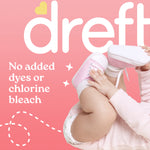 Partial view of a baby wearing pink shoes next to large dreft logo and no added dyes text