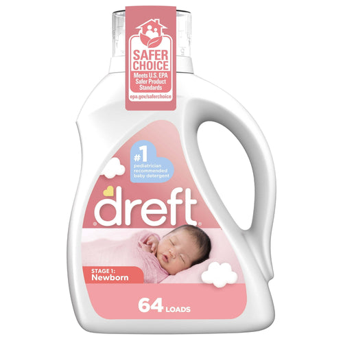 Front-facing Dreft newborn liquid detergent bottle with pink label, baby photo and ‘64 loads’ on white background.